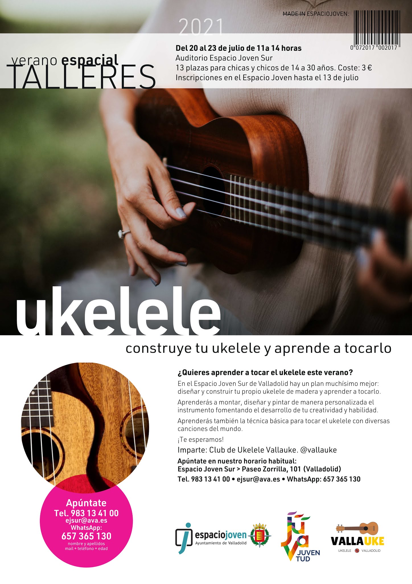 Taller de Ukelele en el Espacio Joven Sur. Diseña y fabrica tu propio ukelele y aprende a tocarlo. Del 20 al 23 de julio (de 11:00 a 14:00)