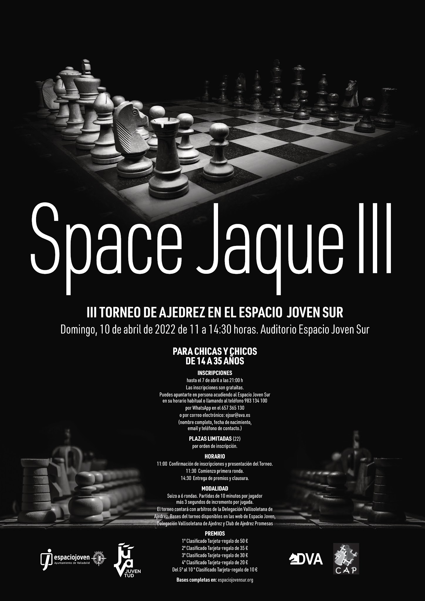 III Torneo de Ajedrez Space Jaque, organizado por el Espacio Joven Sur y el CAP Valladolid. Domingo 10 de abril 2022. 11:00 a 14:30
